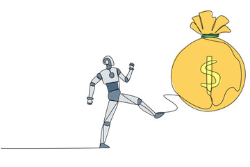 Wall Mural - single one line drawing smart robot kicking money bag. freedom to act without knowing the rules. mac
