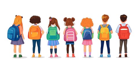 Wall Mural - A group of young students with bright backpacks standing in a line, portraying the concept of education and friendship among schoolchildren. 