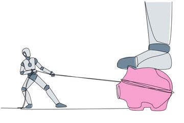 Wall Mural - single continuous line drawing smart robot tries to take piggy bank stepped on by giant foot. with a