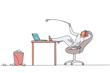 Wall Mural - Single one line drawing Arabian businessman sitting in a office chair throwing wads of paper into the trash. Try various ways to calm down. Try to focus. Continuous line design graphic illustration