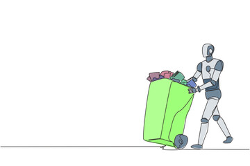 Wall Mural - single one line drawing robot pushing a trash can filled with wads of paper. obsolete artificial int