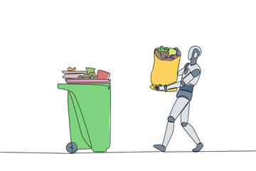 Wall Mural - continuous one line drawing robot walked carrying a trash bag in both hands towards the trash can. r