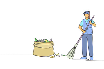 Wall Mural - Continuous one line drawing trash woman cleaning trash with broom. There is a large piece of plastic trash nearby. Clean fresh air, does not pollute lungs. Single line draw design vector illustration