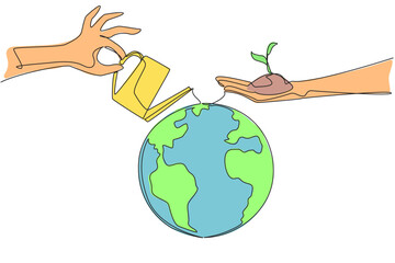 Wall Mural - single one line drawing one hand holds a plant seed while the other waters the globe. awareness of k