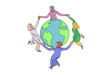 Wall Mural - Single one line drawing a group of Arabian women make a circle around the globe. Complete the mission. Stay focused on keeping the earth green. Earth day. Continuous line design graphic illustration