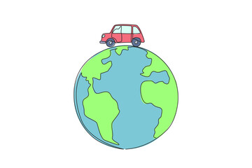 Wall Mural - single one line drawing car on a globe. vehicles contain pollution. polluted air. health is compromi