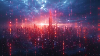 Wall Mural - A futuristic cityscape with digital rain, glowing neon lights, and towering skyscrapers.