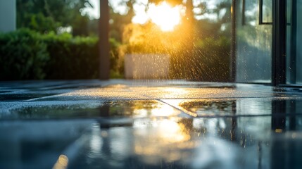 Precision cleaning on a construction site, excess sand swept off and water rinsing the stones, creating a smooth, polished look, sunlight reflecting