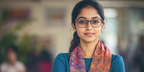 Wall Mural - Young indian female teacher standing confidently 