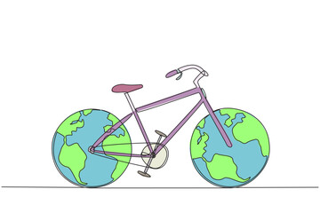 Wall Mural - Continuous one line drawing a bicycle with two globes replacing the tires. The concept of a vehicle that is friendly to the earth. Free from pollution. Single line draw design vector illustration