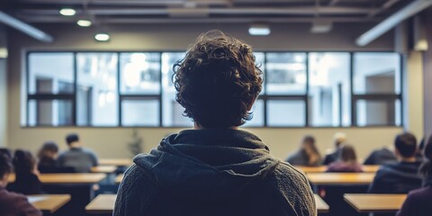 Poster - A teacher with their back to the camera facing students in front of a modern classroom