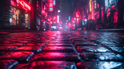 Running bond cobblestone pattern, neon lighting, cyberpunk street scene, glowing joints, futuristic urban environment