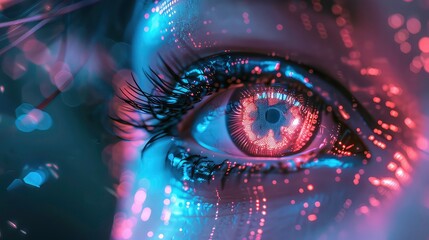 Wall Mural - A close-up of a human eye with a digital, glowing iris, highlighting a futuristic concept of technology and vision.