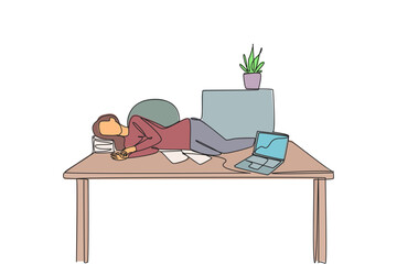 Wall Mural - Single continuous line drawing woman fell asleep on the table with a pillow from a pile of papers. Too tired. Sleeping lying on the work desk. Hectic. Overtime. One line design vector illustration