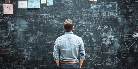 Wall Mural - Man contemplating a blackboard filled with notes 