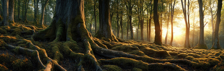 Wall Mural - a mossy forest with huge tree trunks and a sunset