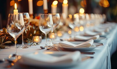 Beautifully organized event - served table banquet ready for guests, decorated table with empty plate, glasses, forks, napkin, Generative AI