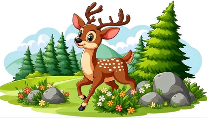 Poster - cartoon image of a cute deer in the forest