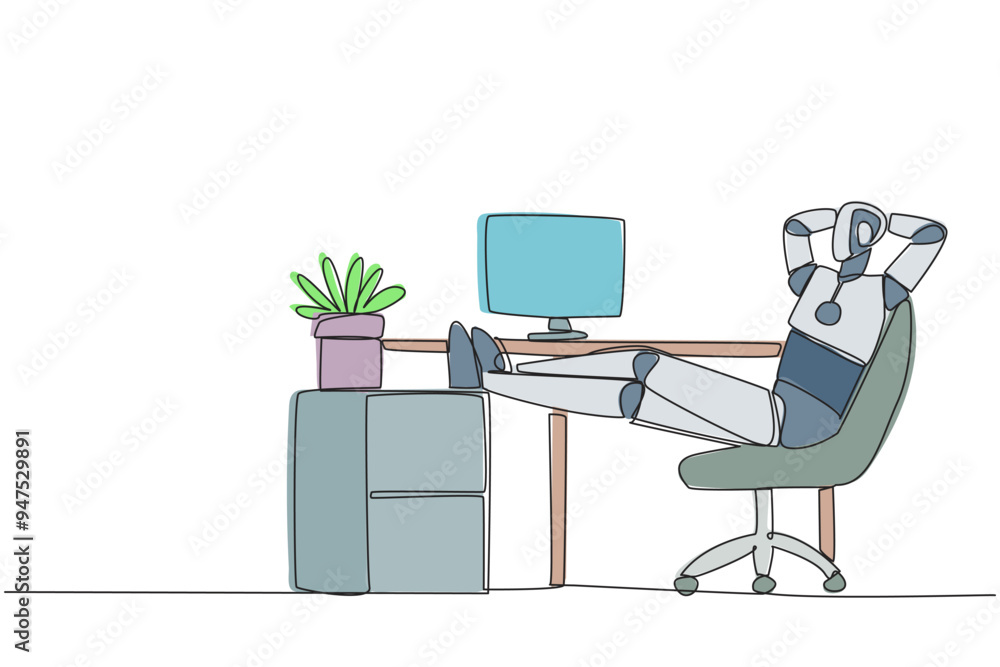 Single one line drawing robot sits in work chair with his hands behind ...