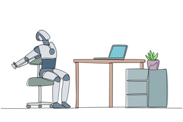 Wall Mural - single continuous line drawing robot sitting in work chair stretching arms behind back. stretching r