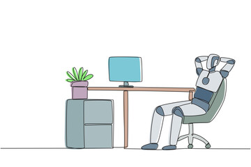 Wall Mural - single one line drawing robot sitting in work chair with his hands behind his head. relax. see the p