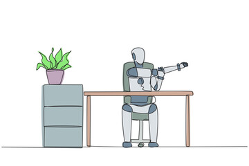 Wall Mural - single continuous line drawing robot sitting in a work chair with his arms crossed. stretching. trai