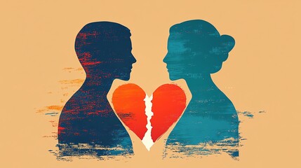 Silhouettes of a man and woman facing each other, separated by a broken heart.