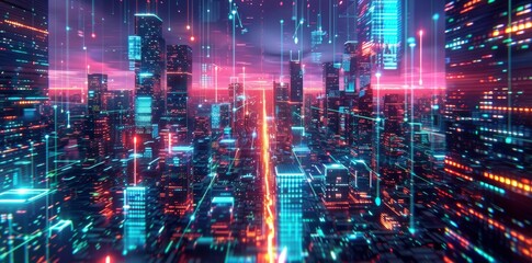 Wall Mural - A vibrant depiction of digital data streams flowing through a futuristic neon cityscape.