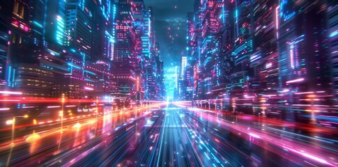 Wall Mural - A vibrant depiction of digital data streams flowing through a futuristic neon cityscape.