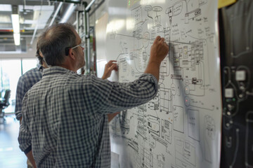 Wall Mural - engineering team working on a whiteboard, diagrams of a software architecture