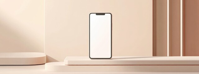 Poster - Minimalist smartphone mockup background featuring a frameless white mobile phone in 3D render Conceptual technology gadget display with platforms and podiums for product showcasing