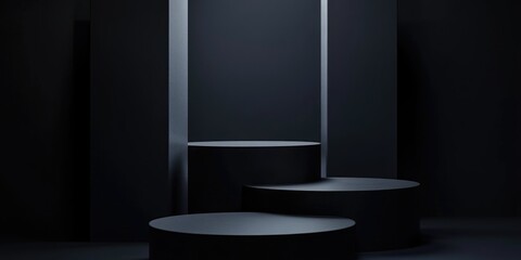 Minimalist dark setting featuring cylindrical podiums against a black background Abstract geometric shapes designed for product presentation 3D rendered illustration