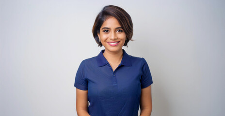 Wall Mural - A portrait of a South Asian woman with short hair, wearing a light blue polo shirt and smiling.