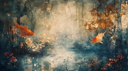 Canvas Print - Golden Fish in a Dreamy Forest.