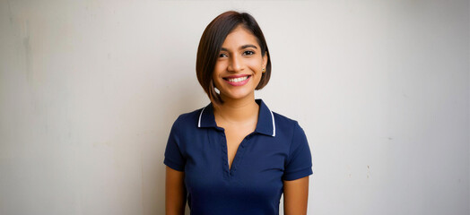 Wall Mural - A portrait of a South Asian woman with short hair, wearing a light blue polo shirt and smiling.