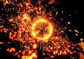 Burning fire circle and black background