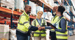 © LuxeShutter24/peopleimages.com - Business people, handshake and logistics with tablet for meeting in supply chain, distribution or stock at warehouse. Welcome colleagues, employees or shaking hands with technology for inventory