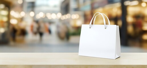 Wall Mural - White blank paper shopping bag on a table with a blurred store background