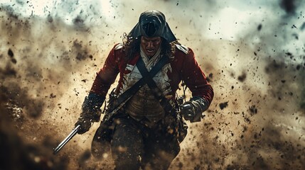 a revolutionary war soldier charges forward with his bayonet