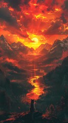 Wall Mural - Panther Silhouetted Against Fiery Sunset Over Mountains.