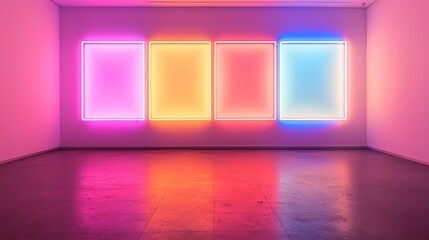 Bright neon light art installation with glowing colorful rectangular panels in a modern gallery, creating a vibrant and futuristic atmosphere.