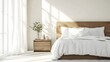 © STGZ. - Minimalist bedroom with white linens, a wooden nightstand, and natural light