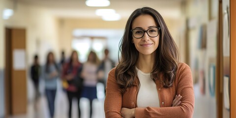 Canvas Print - Confident Female Teacher Standing in School Hallway with Students in Background