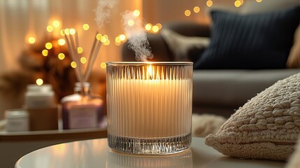 Canvas Print - Blank clear straight candle glass amidst a setting with a plush pillow, a scented diffuser, and delicate string lights, modern warm bedroom mockup, serene and stylish