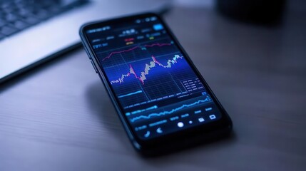 Close-up of a smartphone displaying a stock market graph on a wooden desk. Technology meets finance in a modern workspace.