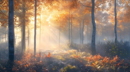 Sticker - Golden Autumn Forest Path with Sunlight and Mist