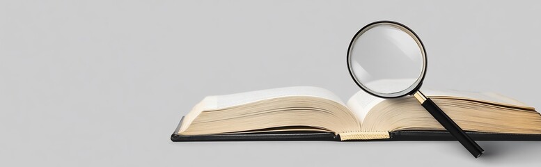 a magnifying glass over an open book on a white background