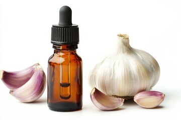 Garlic oil in a brown dropper bottle with garlic next to it,on white background , Garlic Extract , Generative AI