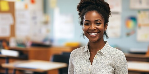 Wall Mural - World Teachers' Day - smiling african american female teacher standing in classroom