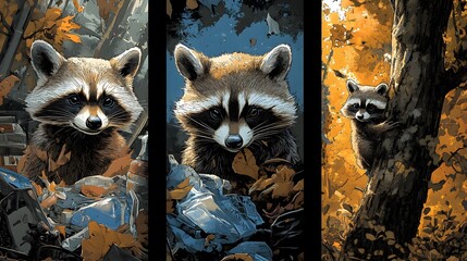 Poster - Three panels depicting painting raccoon with its distinctive mask and ringed tail